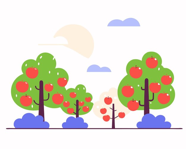 Ilustración de una plantación de manzanas