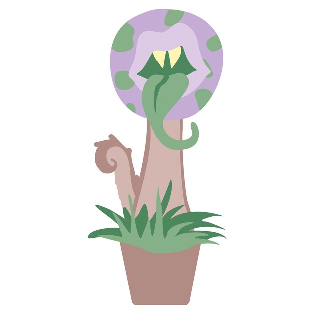 Ilustración de plantas monstruosas vector floral Objeto aislado en fondo blanco Planta fantástica con dientes boca y lengua color vibrante dibujo animado arte de diseño gráfico para tarjeta de libro paquete de pegatinas