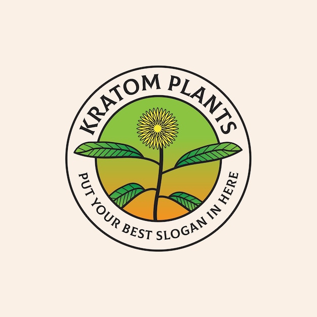 Ilustración de plantas realistas de kratom dentro del diseño del logotipo de alimentos y agricultura del sello del círculo