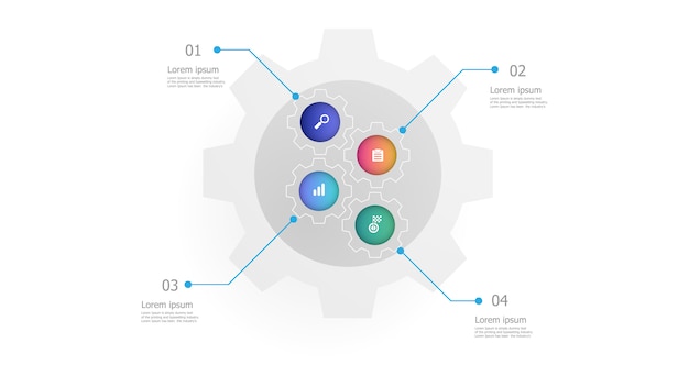 Ilustración de la plantilla de 4 pasos de infografías verticales ruedas dentadas