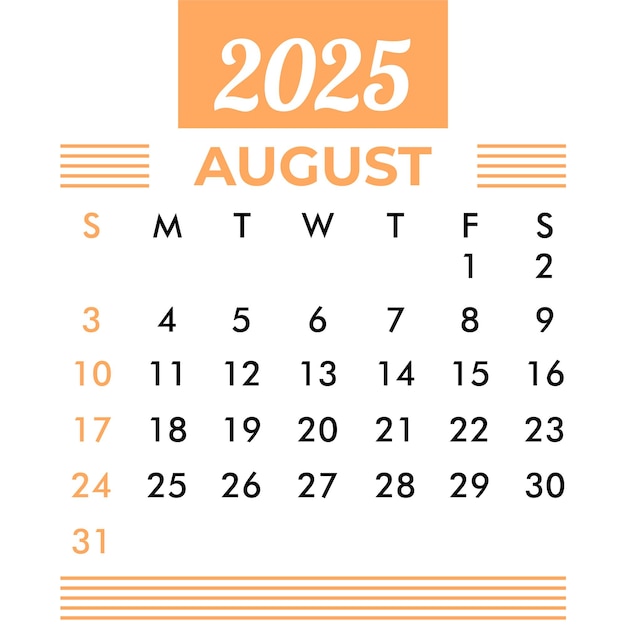 Ilustración de la plantilla del calendario de agosto de 2025