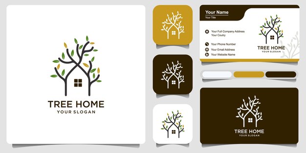 Ilustración de la plantilla de diseño de logotipo de la casa del árbol con tarjeta de visita. Vector de diseño de logotipo de Tree Home, Nature eco House Logo Print