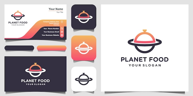 Ilustración de plantilla de diseño de logotipo de planeta de alimentos y diseño de tarjeta de visita