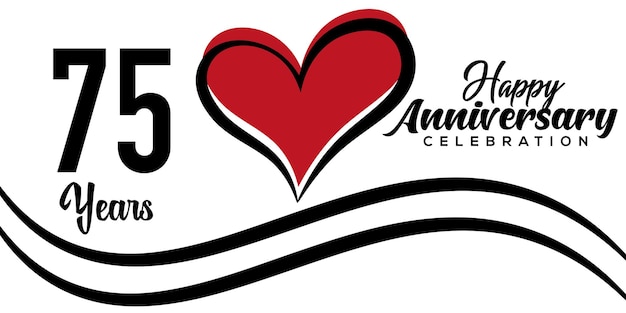 Ilustración de plantilla de diseño de vector abstracto de corazón rojo encantador de logotipo de celebración de 75 aniversario.