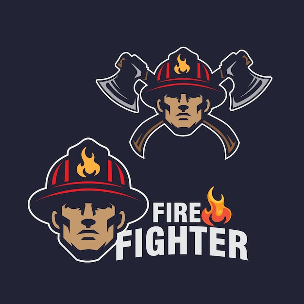 Ilustración de la plantilla del logotipo de la cabeza de los bomberos con el vector del hacha
