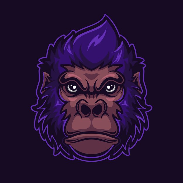 Ilustración de plantilla de logotipo de dibujos animados de cabeza de animal de gorila. Esport logo gaming