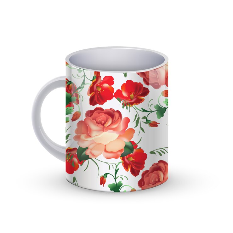 Vector ilustración de plantilla de taza de café con flores patrón tradicional ruso.
