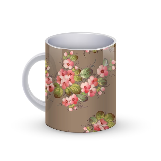 Ilustración de plantilla de taza de café con flores patrón tradicional ruso.