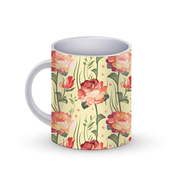 Ilustración de plantilla de taza de café con flores patrón tradicional ruso.