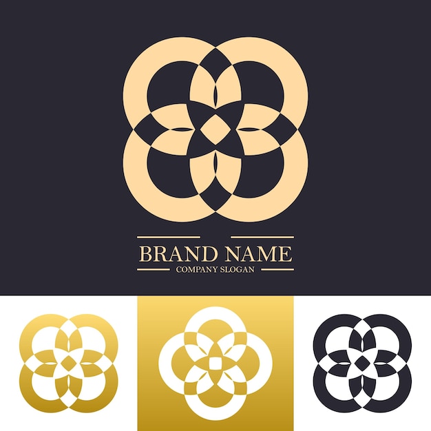 Ilustración de plantilla de vector de diseño de logotipo floral redondo simple con color dorado y concepto de hoja