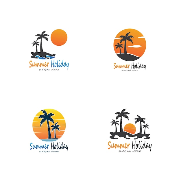 Ilustración de plantilla de vector de diseño de logotipo de vacaciones de verano de palmeras