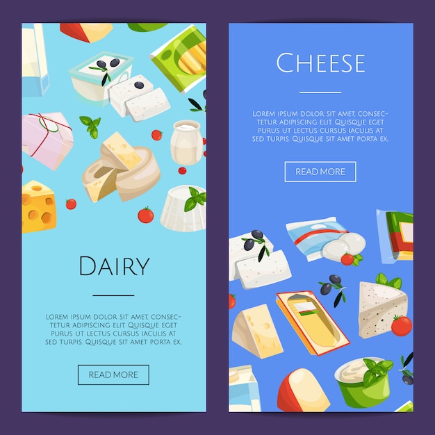 Ilustración de plantillas de banner web de productos lácteos y queso de dibujos animados