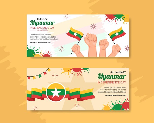 Ilustración de plantillas dibujadas a mano de dibujos animados planos de la bandera del día de la independencia de Myanmar