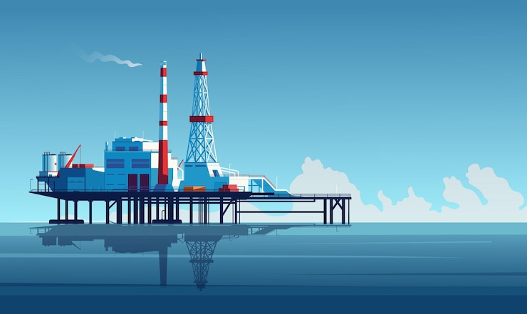 Vector ilustración de plataforma petrolera en alta mar con chimeneas y estructuras en el agua contra un cielo azul brillante y fondo de nubes ilustración vectorial