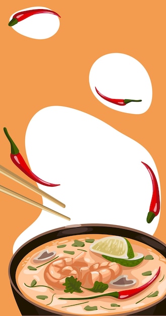 Ilustración de un plato asiático de tom yam para marquetinka contra un telón de fondo de puntos brillantes