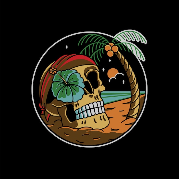 Ilustración de playa pirata calavera