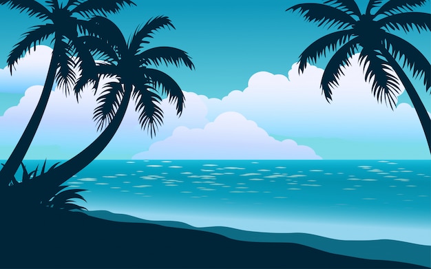 Ilustración de playa con silueta de árbol y cielo azul