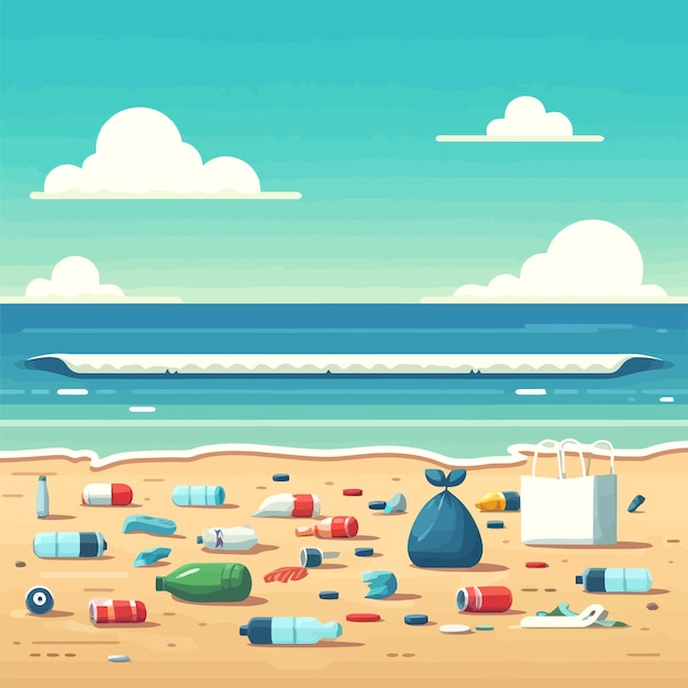 Vector ilustración de playa sucia con basura