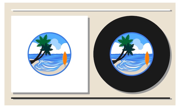 Ilustración de playa y tabla de surf Logotipo de vacaciones de verano