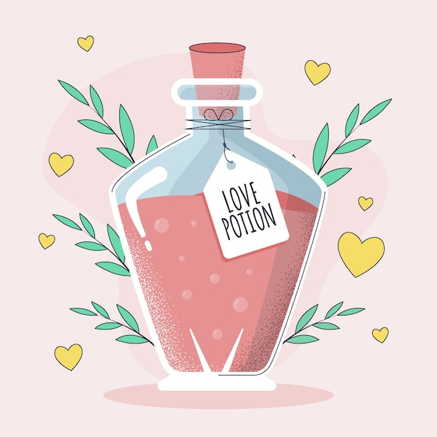 Ilustración de poción de amor dibujada a mano con hojas