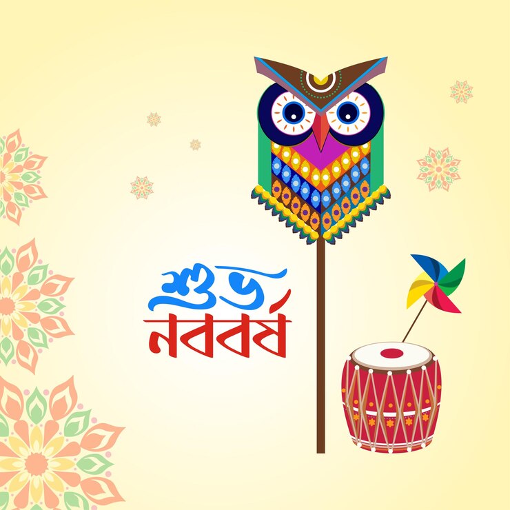 Vector ilustración de pohela boishakh con shubho noboborsho texto bengalí motivo de búho tambor fondo amarillo
