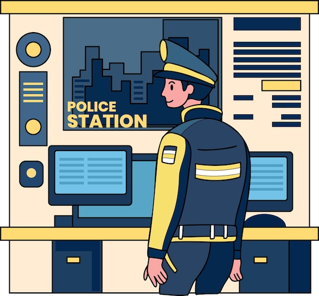 Ilustración de la policía y la estación de policía en estilo doodle