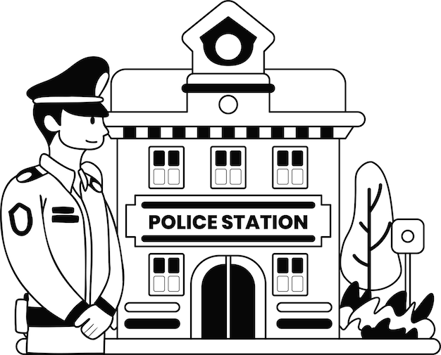 Ilustración de la policía y la estación de policía en estilo doodle