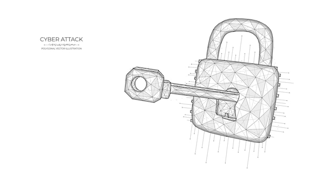 Ilustración poligonal de una llave y un candado sobre un fondo azul. concepto de ataque cibernético o piratería de datos.