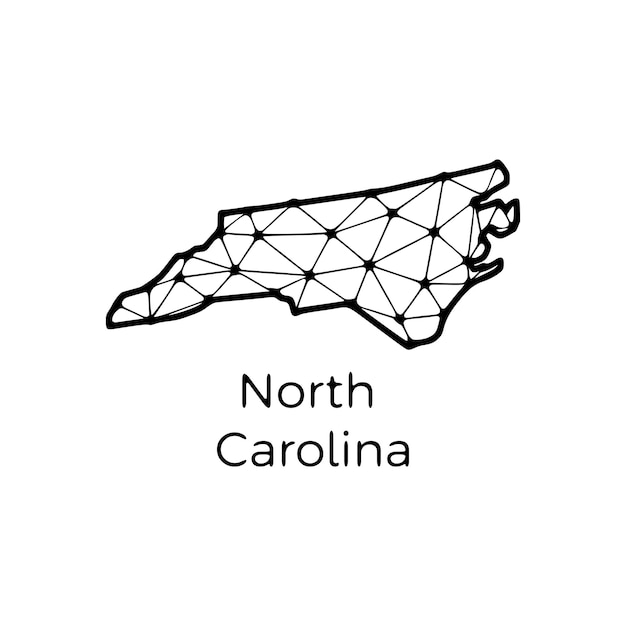 Ilustración poligonal del mapa del estado de carolina del norte hecha de líneas y puntos aislados en un fondo blanco