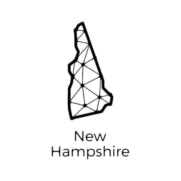 Ilustración poligonal del mapa del estado de new hampshire hecha de líneas y puntos aislados en un fondo blanco