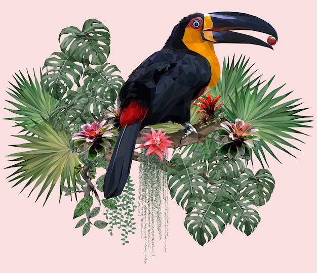 Ilustración poligonal Tucán pájaro y plantas de bosque del Amazonas.