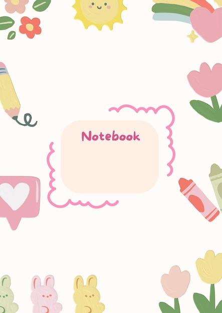 Ilustración de la portada de un cuaderno con elementos de primavera y kawaii