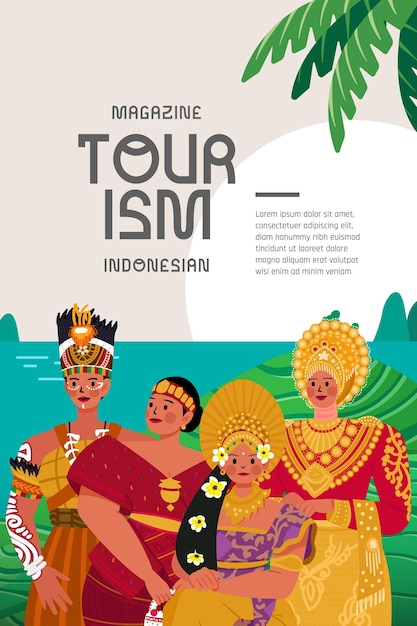 Ilustración de portada de libro de turismo con estilo plano de vestido de novia tradicional indonesio