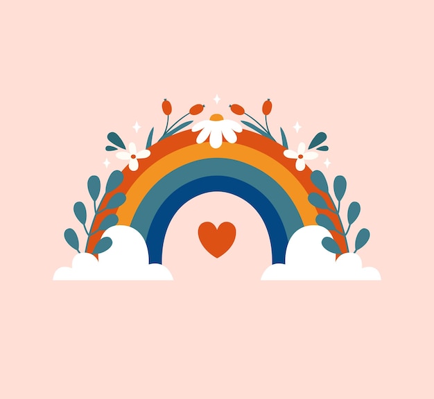 Ilustración positiva moderna con lindas nubes de arco iris flores hojas apoyo a la salud mental