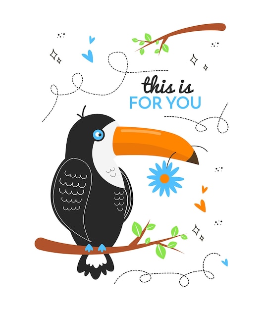 Ilustración de una postal con un pájaro tucán en una rama con hojas una flor en su pico corazones garabatear la inscripción esto es para ti Vector de tarjeta de felicitación