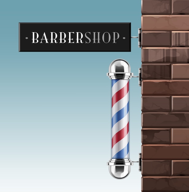 Vector ilustración de poste de barbero con letrero en pared de ladrillo con cielo azul