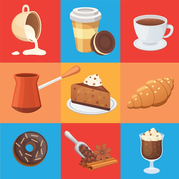 Ilustración de postres dulces y juego de café. Diferentes tipos de bebidas que incluyen espresso, macchiato, chocolate.