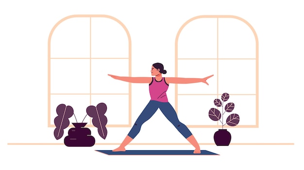 Ilustración de la postura del guerrero de yoga en proyectos de fitness y animación en el hogar