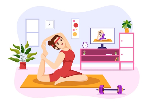 Ilustración de prácticas de yoga y meditación para banner web o página de destino en dibujos animados dibujados a mano