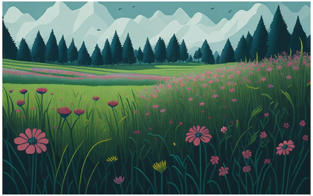Vector ilustración de un prado de flores en primavera