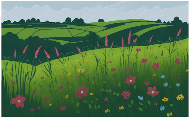 Vector ilustración de un prado de flores en primavera