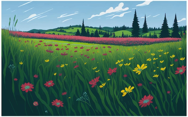 Vector ilustración de un prado de flores en primavera