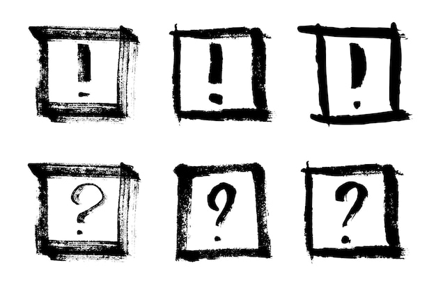 Ilustración de preguntas y signos de exclamación dibujados a mano con tinta en estilo boceto Elementos para el diseño