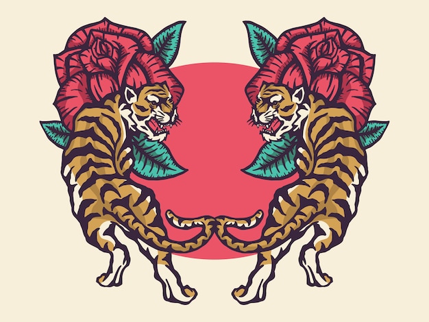 Ilustración premium de tigres y rosas