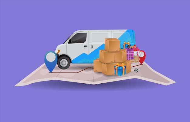 Ilustración premium de vector del paquete de entrega en un automóvil en los mapas con la ubicación de destino Imprimir