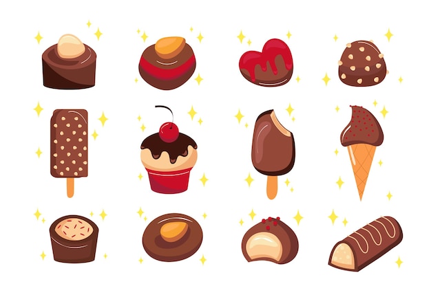 Vector esta ilustración presenta pegatinas planas de estilo de dibujos animados con un diseño de dulces de chocolate y helado.