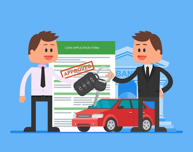 Ilustración de préstamo de automóvil aprobado. Concepto de compra de automóviles. El concesionario entrega las llaves del auto al cliente satisfecho.