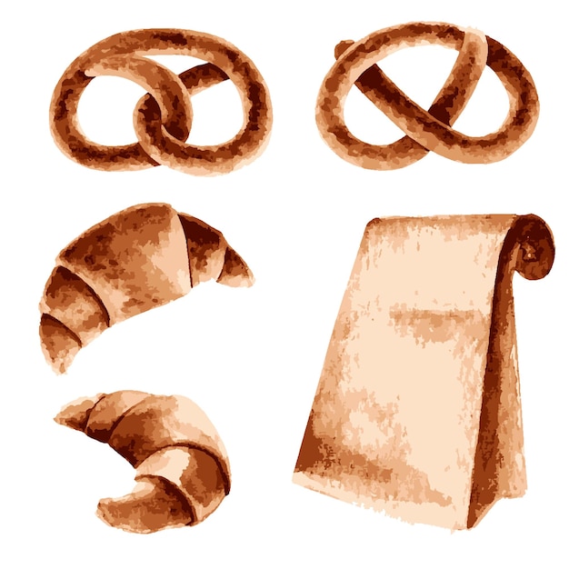 Ilustración de pretzel de croissant y bolsa con café en colores beige