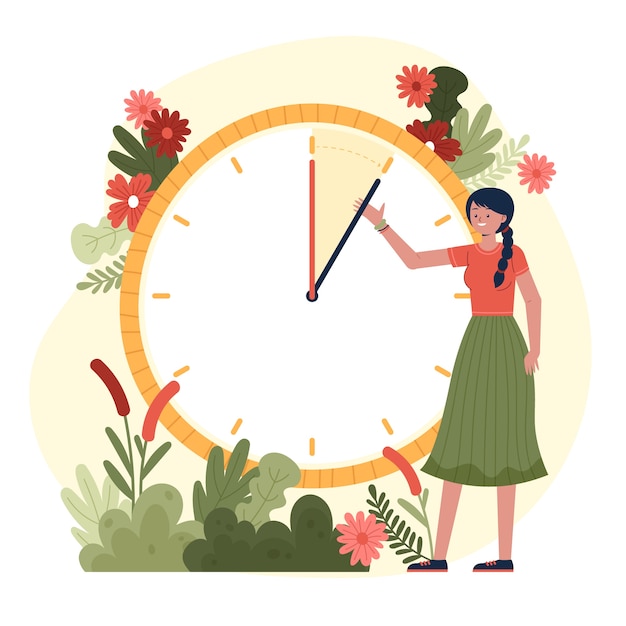 Vector ilustración de primavera dibujada a mano con mujer y reloj