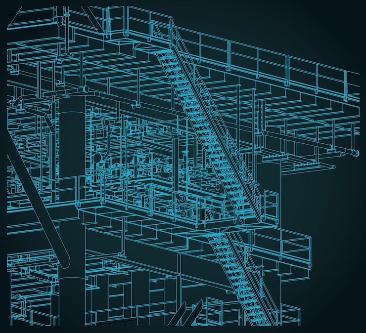Vector ilustración de primer plano del plan isométrico de las estructuras metálicas de la plataforma en alta mar